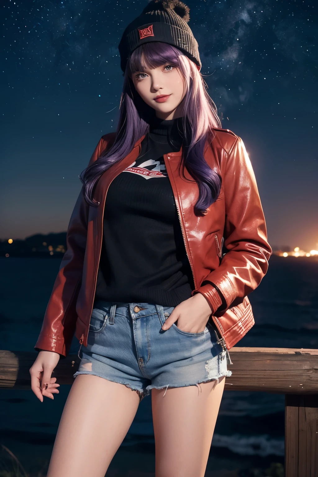 Red Leather Jacket， girls，Best Quality，8K，smile，black leather shorts，blue eyes，Beautiful and pretty girl，Beautiful girlasterpiece，Wearing a knit hat，Big Breasts，Two Girls，Horny girl，Naughty Girls，Standing posture，Perfect Girl，Hands in pockets，Long Hair，Purple hair color，Starry sky background，She has her bangs down