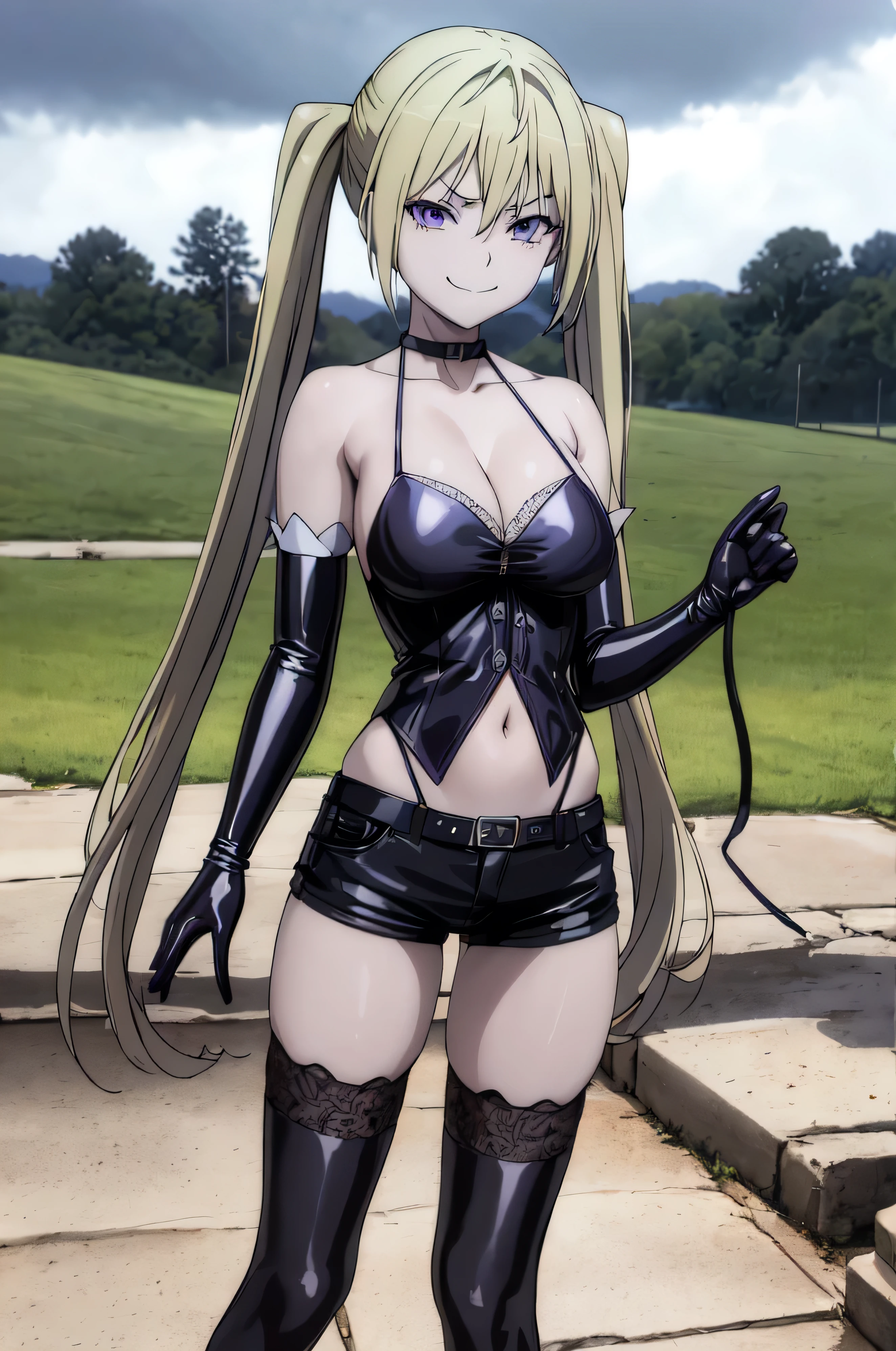 (masterpiece, best quality), 1girl, lieselotte sherlock,high quality, extremely detailed, ,(dark and stormy skies, lightning)(masterpiece:1.0),(Highest_quality:1.0), 超High resolution,4k,Super detailed, photo shoot, 8K, HDR, High resolution, disorganized:1.2, twintail,,looking at viewer,latex,elbow gloves,,, ,official art,short pants,(beautiful_face:1.5),(narrow_waist),,Highly detailed CG Unity 8K wallpaper, perfect lighting,laugh at,evil smile,evil smirk,looking at viewer,latex thighghigh socks,smile bad,