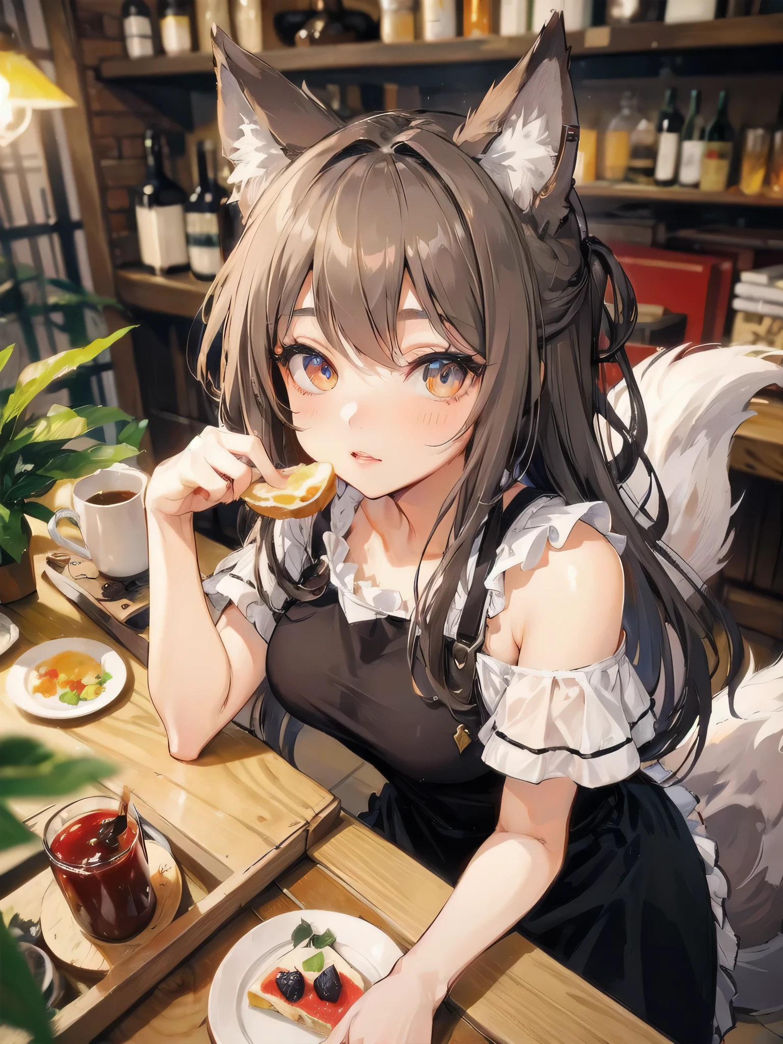 high quality,hd,16k,sharp line,1girl,fantasy,fem
ale wolf ears,wolf tail,beautiful hair ,cute face, large breasts ,nice legs,,focus girl,detailed beautiful face,detailed clothes,beautiful eyes,dynamic angle