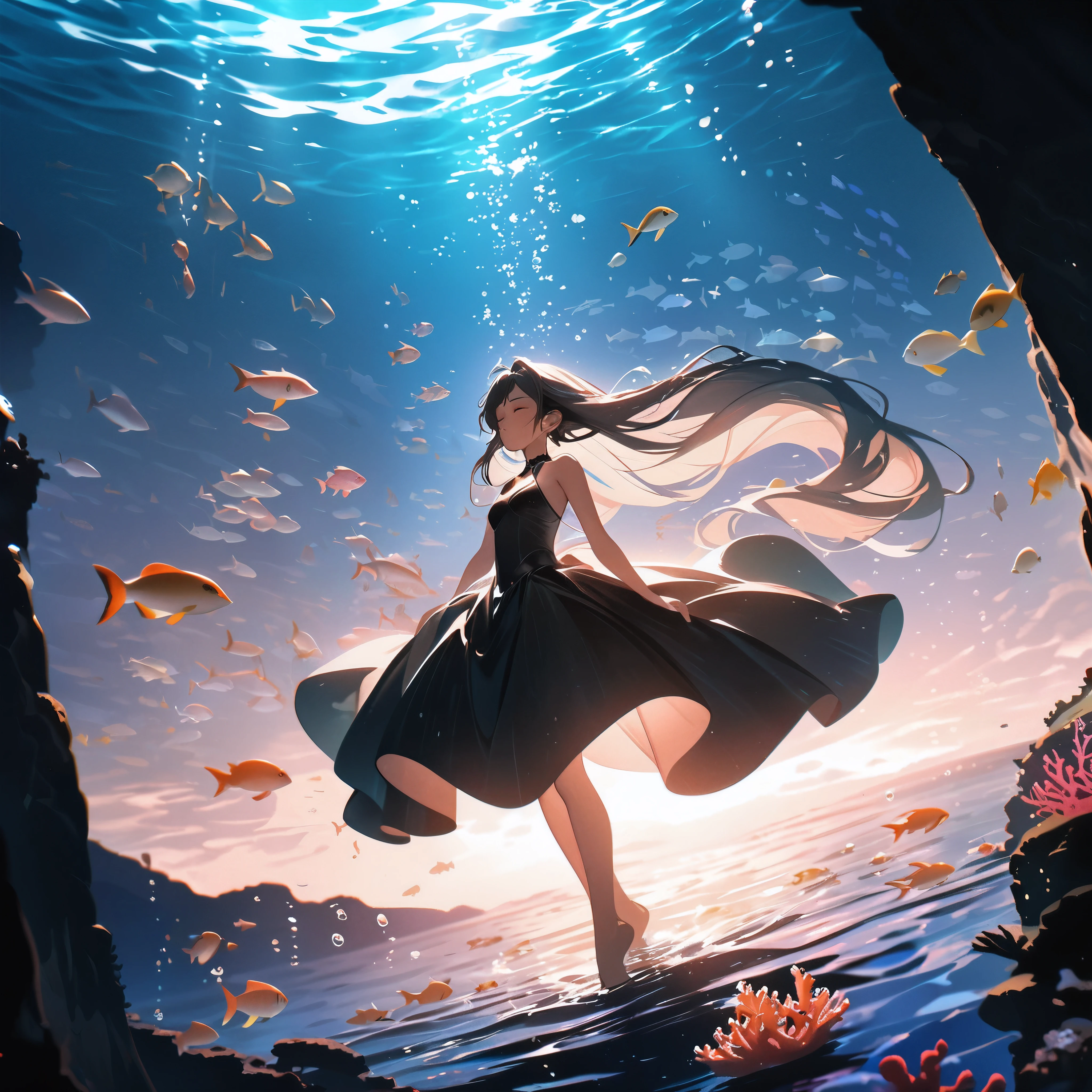 (Dramatic angle,Dynamic angle), (best quality,4k,8k,highres,masterpiece:1.2), (Hatsune Miku), (solo:1.1), (), (alone), (small breasts), eyes closed, original photo, Atmospheric distance perception, Aesthetic, complex, won, cybernetic enhancement, chiaroscuro, best quality, Detailed background, (underwater atmosphere:1.2), (long silk black Fishtail dress, detailed dress, floating dress, best wrinkle, best shadow, best light:1.2), (underwater), submerges in the sea, black silk fishtail skirt, undulating with grace, deep blue ocean, serene and profound, coral reefs, vibrant and colorful, sea creatures, curious and playful, eyes closed, peaceful expression, hair flowing, light filtering through, glimmering pearls, a beacon in the depths, sea's embrace, gentle and warm, silent world, tranquility, bubbles trailing, rhythmic dance, sadness, a moment of connection, a gaze, a shared understanding, a digital fantasy, a tale of the deep, a mesmerizing performance, a memory etched in time