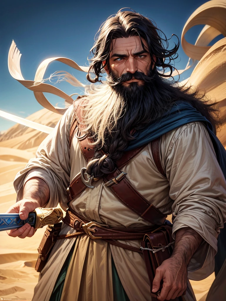 RAW Photo Illumination, portrait photo of a 35 year old man with slightly curly black hair, beard and moustache, face looking very firm and dignified with glowing blue eyes in full desert clothing, holding a sickle-shaped sword handle, night, desert, sand flying in the wind  (high detail skin: 1.2), 8k uhd, dslr, low light, high quality, film grain, Fujifilm XT3