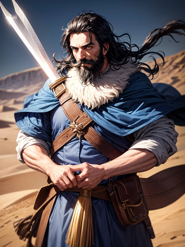 RAW Photo Illumination, portrait photo of a 35 year old man with slightly curly black hair, beard and moustache, face looking very firm and dignified with glowing blue eyes in full desert clothing, holding a sickle-shaped sword handle, night, desert, sand flying in the wind (high detail skin: 1.2), 8k uhd, dslr, low light, high quality, film grain, Fujifilm XT3