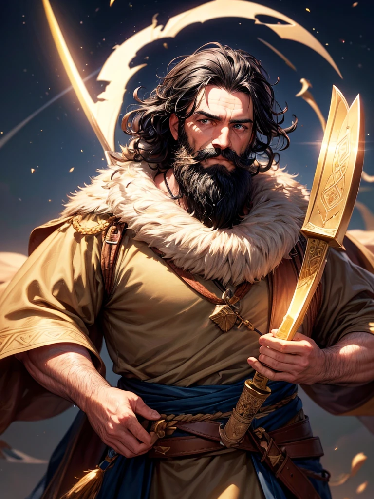 RAW Photo Illumination, portrait photo of a 35 year old man with slightly curly black hair, beard and moustache, face looking very firm and dignified with glowing blue eyes in full desert clothing, holding a sickle-shaped sword handle, night, desert, sand flying in the wind (high detail skin: 1.2), 8k uhd, dslr, low light, high quality, film grain, Fujifilm XT3