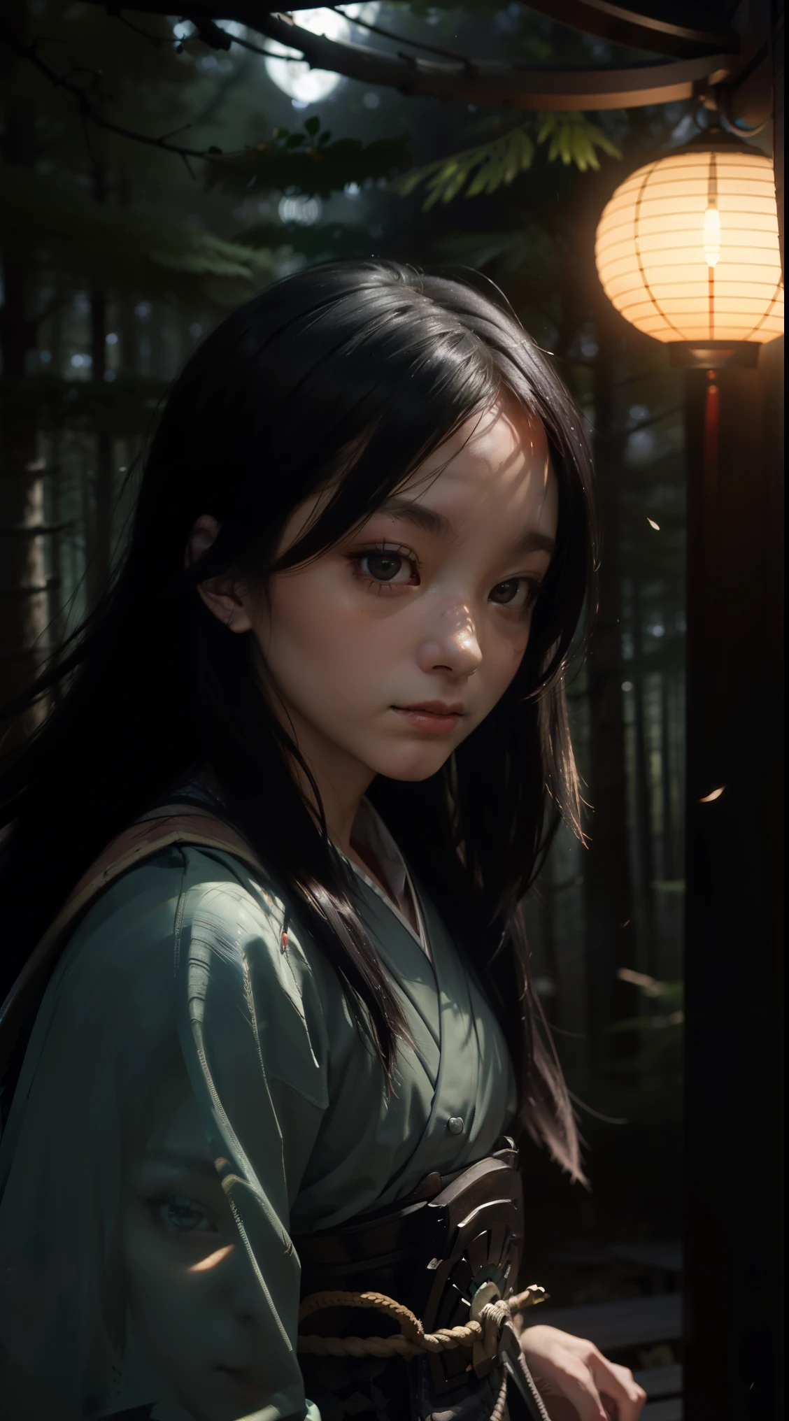 (close up shot:1.5), Japanese samurai warrior, forest glade at night background, (dusk), moonlight, bokeh, (art by jeremy mann and edvard munch), beautiful composition, complimentary colors, masterpiece, award winning