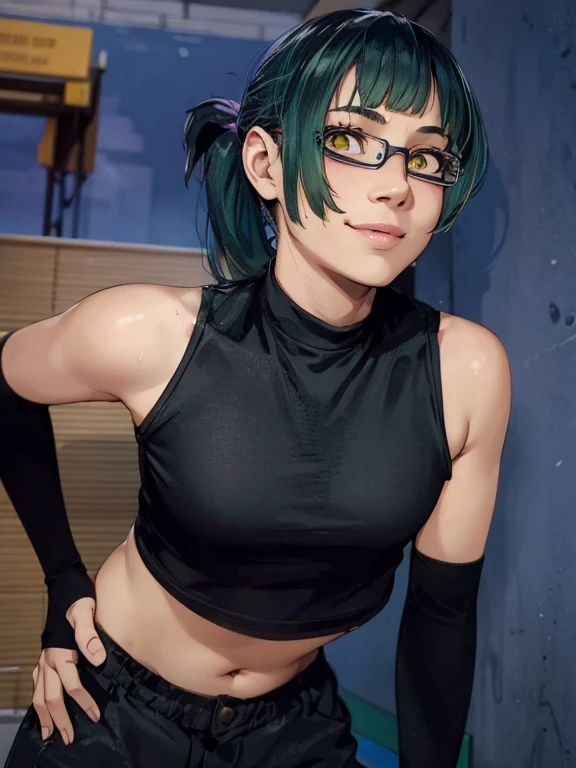 1girl, ponytail hair, green hair, yellow eyes, realistic clothes, beautiful, wear purple frame glasses, background city, realistic, ultra detail, smile