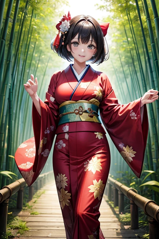 highest quality、masterpiece、8ｋ、Sharp focus, Beautiful woman with perfect figure,One Girl、Bob-haired girl wearing a Japanese kimono walking through a bamboo forest（The color of the kimono is random）、A pretty girl in a kimono、Toned body、Medium chest、 A light smile,