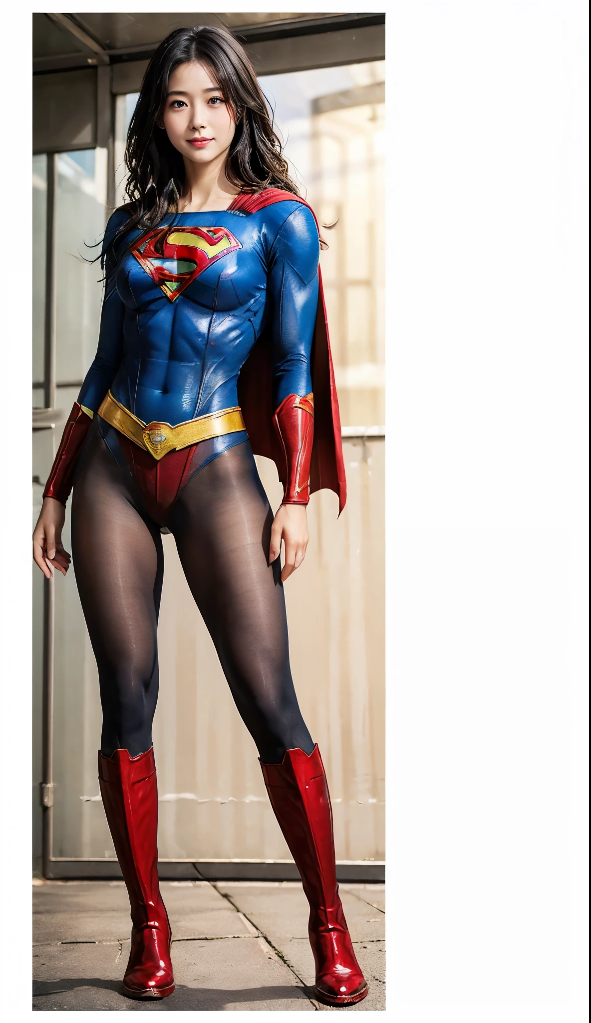 No background、(((Beautiful legs in black tights.)))、(((Legally express the beauty of your smile)))、((((Make the most of your original images)))、(((Supergirl Costume)))、(((Beautiful Hair)))、(((suffering)))、(((Please wear black tights....、Wear red boots)))、((Best image quality、8k))、((highest quality、8k、masterpiece:1.3))、(((Preserve background )))、Sharp focus:1.2、Beautiful woman with perfect figure:1.4、Slim Abs:1.2、Wet body:1.5、Highly detailed face and skin texture、8k