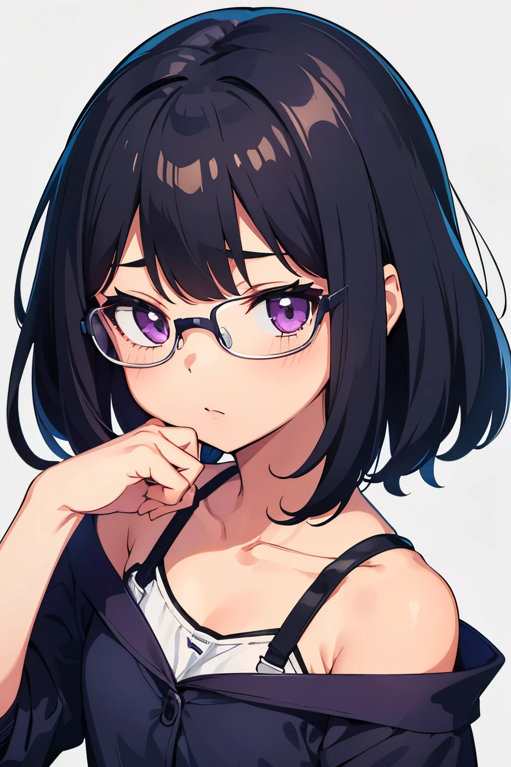 Elementary school girl, 8 years old, A cup　 Black hair, short bob, purple eyes　Glasses　 （one person） Gray upper body bra　Navy blue mini skirt　Grey panties　Girls&#39; locker room at school　Are standing　Black socks　Dynamic Angle Athletic Shoes　Low - Angle