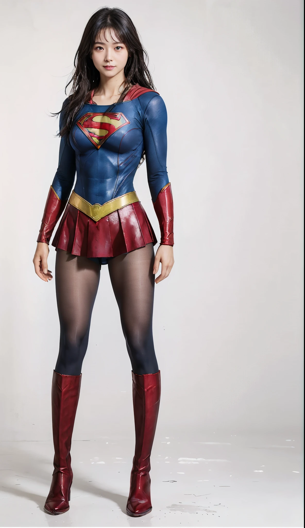No background、(((Beautiful legs in black tights.)))、(((Legally express the beauty of your smile)))、((((Make the most of your original images)))、(((Supergirl Costume)))、(((Beautiful Hair)))、(((suffering)))、(((Please wear black tights....、Wear red boots)))、((Best image quality、8k))、((highest quality、8k、masterpiece:1.3))、(((Preserve background )))、Sharp focus:1.2、Beautiful woman with perfect figure:1.4、Slim Abs:1.2、Wet body:1.5、Highly detailed face and skin texture、8k