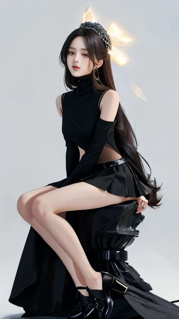 Ultra hd, 8k quality, a girl, happy, very long hair, detailed eyes, beautiful dress, black turtle neck, black short skirt , sitting pose, whole body capture,