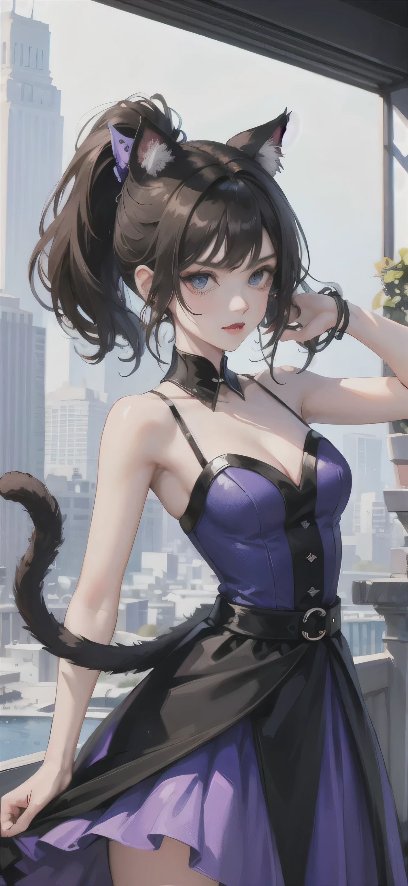 Adult girl, short black hair, high ponytail, blue eyes, cat ears, dark dress, open shoulders, stern look, masterpiece, high quality, purple dress