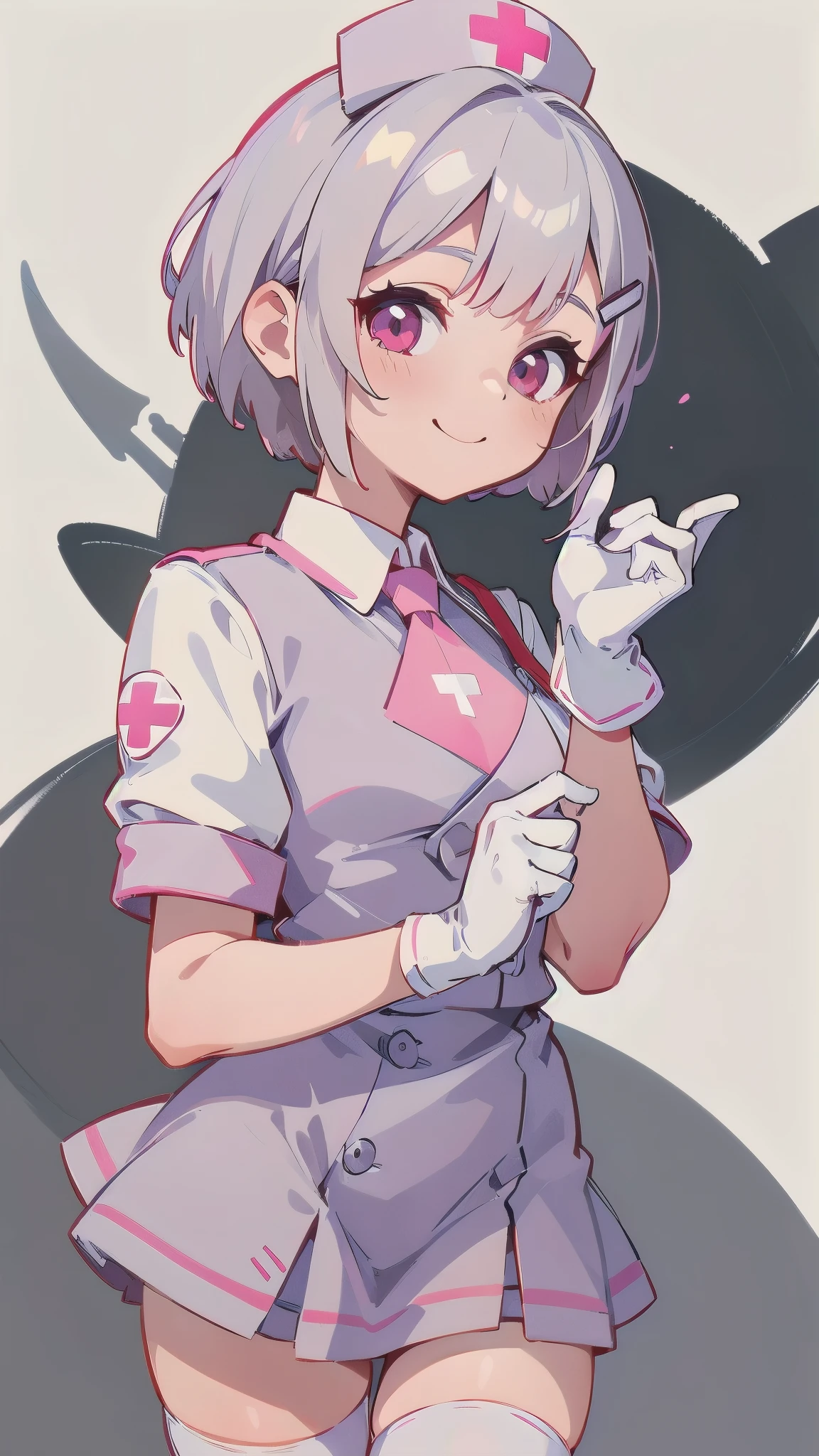 1 female, nurse, nurse Cap, Whiteware, ((White legwear, zettai ryouiki)), White gloves, Silver and bob short hairstyle, Tie your hair up with a hair clip, Pink Eyes, smile, Sharp Ring Guo, Short sleeve,  highest quality, Tabletop, clinic、Upper body close-up、From the side、Picturesque