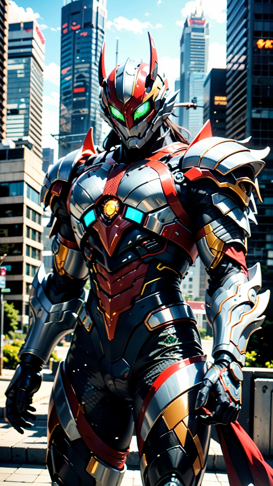A man wearing a full-face helmet, a fantasy-style biotech armored combat suit, green eyes, (a composite layered chest armor), fully enclosed shoulder guards, matching arm and leg guards, the belt is adorned with 666 mark, (the color scheme is primarily red with yellow and white accents), the design balances heavy with agility, a high-tech bio-mecha armor, (Armor Concept Inspired by Demon, stand on the top of a skyscraper in a futuristic sci-fi city), this character embodies a finely crafted fantasy-surreal style armored hero in anime style, exquisite and mature manga art style, (battle damage, element, plasma, energy, the armor glows), ((male:1.5)), metallic, real texture material, dramatic, high definition, best quality, highres, ultra-detailed, ultra-fine painting, extremely delicate, professional, perfect body proportions, golden ratio, anatomically correct, symmetrical face, extremely detailed eyes and face, high quality eyes, creativity, RAW photo, UHD, 32k, Natural light, cinematic lighting, masterpiece-anatomy-perfect, masterpiece:1.5
