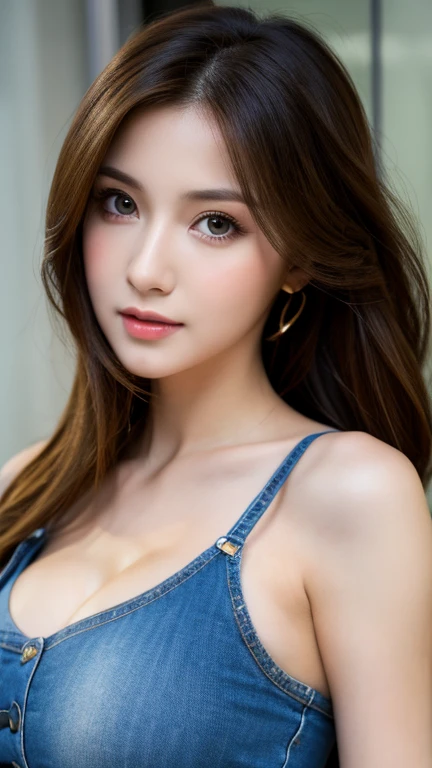 （lifelike， high - resolution：1.3）， 1 girl with a perfect body， Super fine face and eyes，slong hair， Tank top of random colors：1.2， short jeans， big boob，Expose cleavage