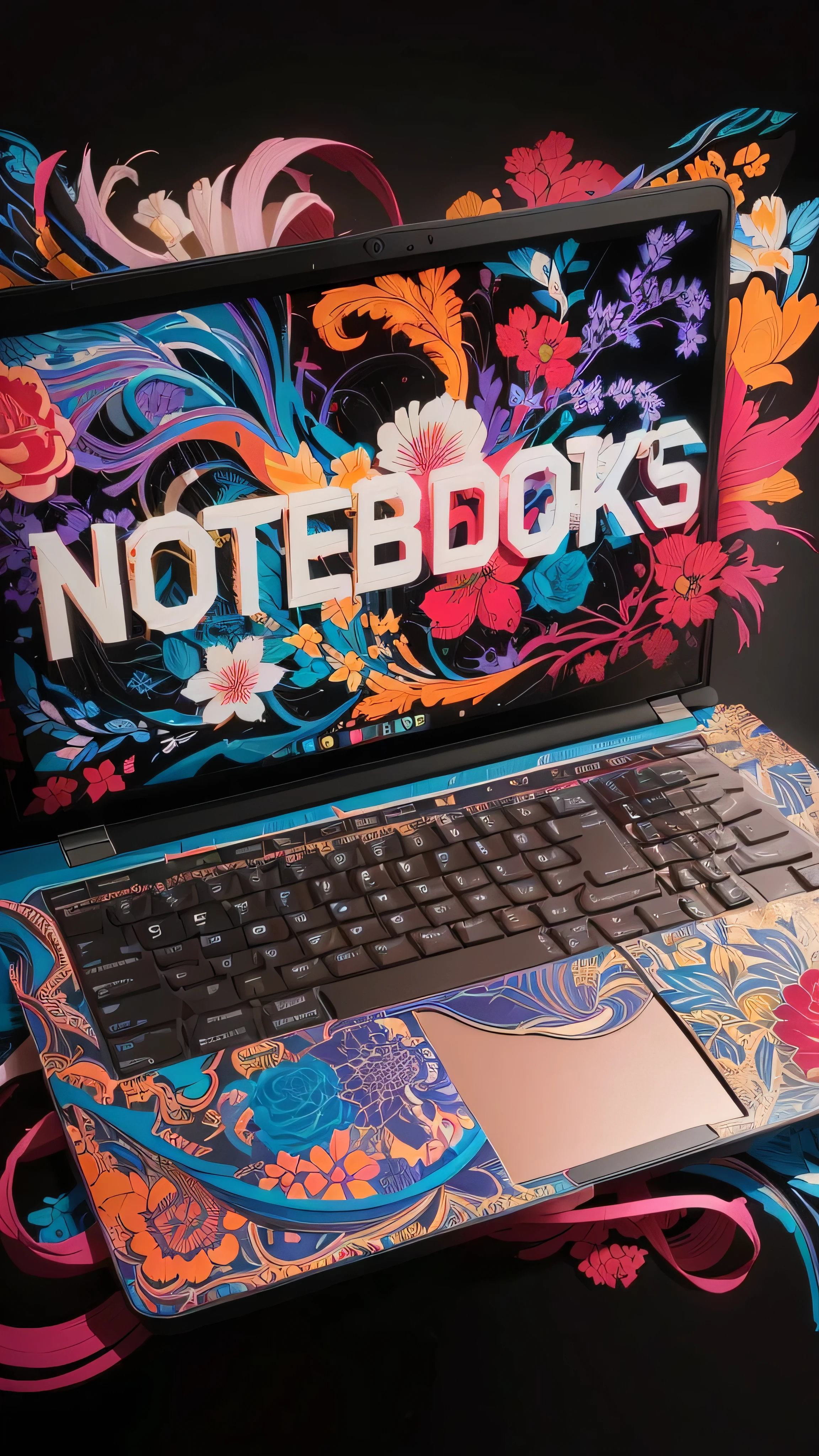 there is a laptop with a colorful design on the screen, Tristan Eaton's wallpaper, cadernos, caderno, Eu perdi minha vida! paleta cmyk, Tristan Eaton, Eu perdi minha vida and Tristan Eaton, pintura digital | intricado, Tristan Eaton & Greg Rutkowski, insanely intricado, intricado colors, highly intricado in technicolor, thomas kinkade and Tristan Eaton