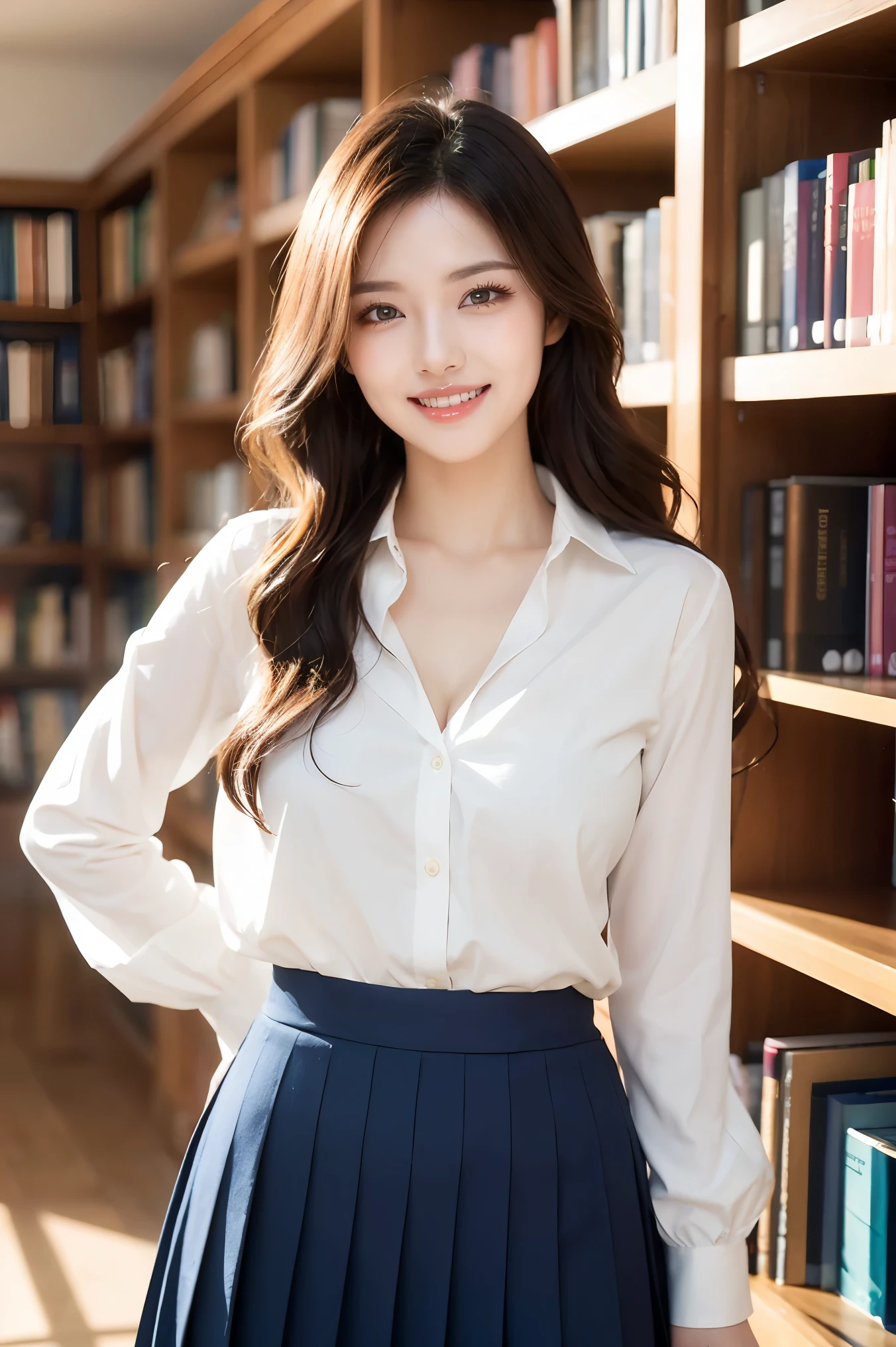 (highest quality、Tabletop、8k、Award-winning works、Ultra-high resolution、Best image quality)、(******girl in uniform:1.1)、(White polyester open collar shirt:1.1)、(Cleavage:1.1)、Navy Pleated Skirt、(The most beautiful smile is looking at me:1.1)、(Laugh aloud, Show off your beautiful teeth:1.1)、Beautiful and elegant very long wavy hair、(Blonde Hair:1.1)、library、(Standing Elegantly:1.1)、Stand next to a bookshelf、(Perfectly organized bookshelf:1.1)、Bookshelf in the background、居心地の良いlibrary、lipstick、Long eyelashes、Heavy makeup、Perfect Makeup、Colored contact lenses、Accentuate your body lines、Big ample breasts、Soft and warm lighting、Detailed bookshelf、(Ultra-high resolutionの正確な美しい髪:1.1)、(Accurate anatomy:1.2)、Ultra-high definition beautiful eyes、Ultra-high definition beautiful teeth