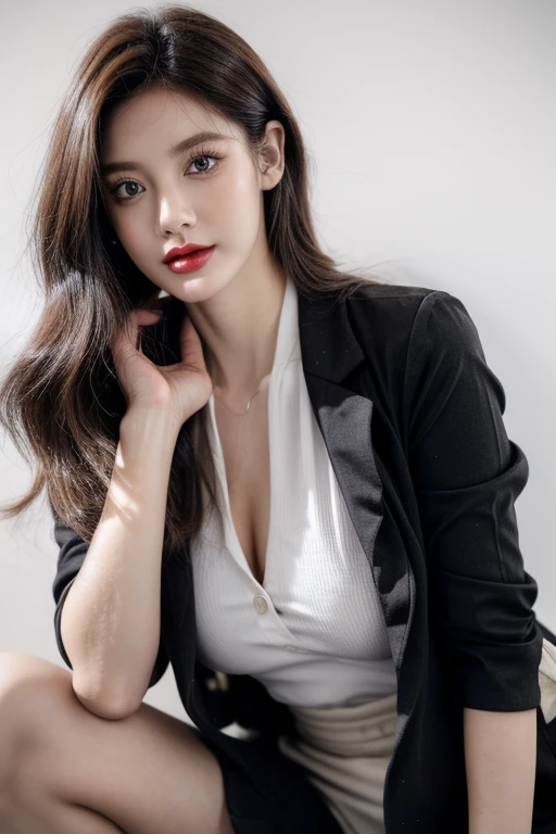 Woman, beautiful, amazing face and eyes, cosmetics, red glossy lips. (Wear a black blazer) (Beautiful page with lots of details.) (best quality) (Excellent details) (Collection of very detailed CG 8k wallpapers. .),original photo, Photographed by a professional, (stand), (white background),(Blonde bob),(Big eyes),(soft light source),(There is a slight crack.),(Wear a black blazer), small breasts,(Picture from the waist up),shorts, thigh high,wide chest