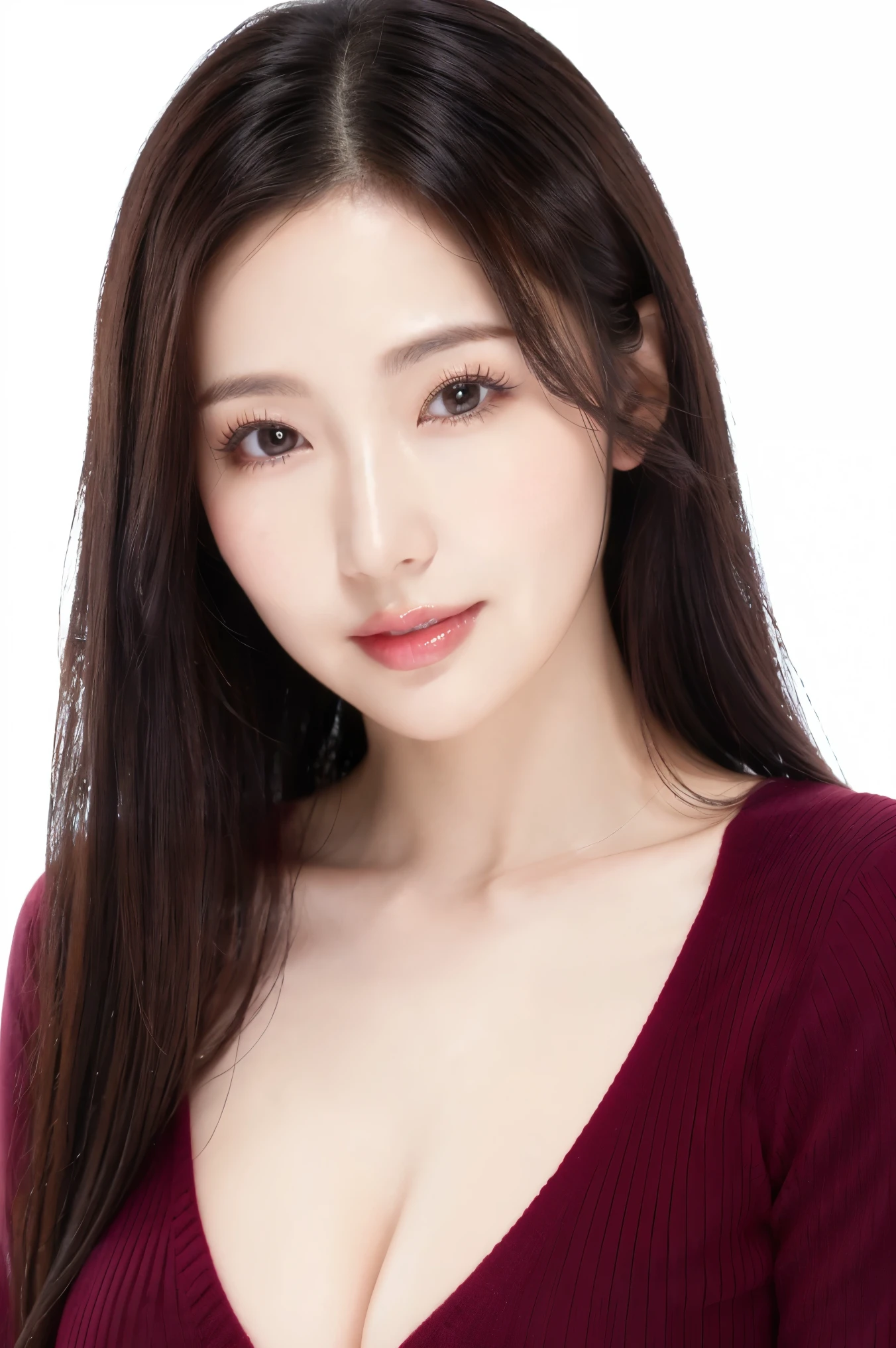 (highest quality、Tabletop、8k、Best image quality、Award-winning works)、One beautiful woman、Beautiful and elegant long hair、Beautiful black hair、(alone:1.1)、(The perfect burgundy V-neck long sleeve knit:1.4)、(The simplest white background:1.4)、とてもBig Breasts、Accentuate your body lines、Beautiful and exquisite、look at me、(Perfect Makeup:1.1)、Bright lipstick、Ultra-high definition beauty face、Ultra HD Hair、Ultra HD Shining Eyes、Ultra High Resolution Perfect Teeth、Super high quality glossy lip、Accurate anatomy、Very beautiful skin、Glowing skin in ultra-high resolution、Elegant upright posture when viewed from the front、(very bright and vivid:1.2)、(Slender body:1.2)、(Cleavage:1.1)、(Big Breasts:1.1)、Shiny, Bright lipstick、(Face close-up:1.2)、(50 year old mature woman:1.2)