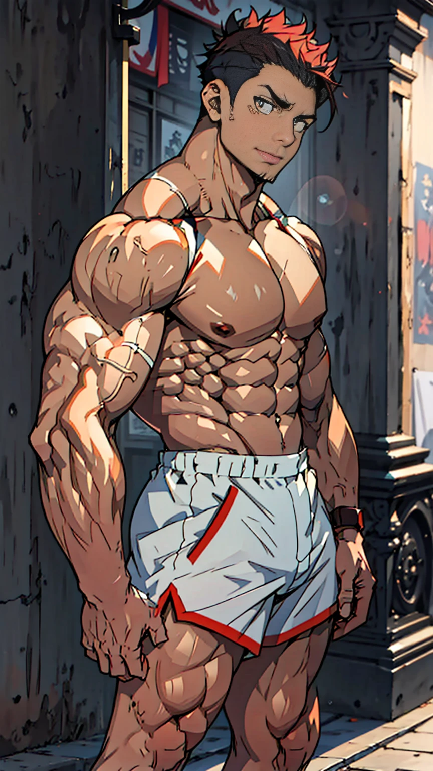 (A corner of the photo from bottom to top) (Highest quality images) Lion Man ,real, young, , Wearing shorts, Crotch protrusion, Anime Character, Standing on the ground, Legs open, male face, bonito rosto young, Undercut Hair, Huge chest muscles, 大腿muscular, Biceps tendon, Huge body, Toned body due to intense training, muscular, 8-pack clear ABS, 3 meters high, Topless, , Glowing skin, Dihan.com, Hands on thighs, barefoot, No beard