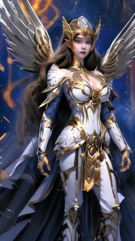 ((best quality)), ((masterpiece)), (detailed), Powerful angels,White Goddess, White long hair, Soft eyes,Actions， Full breasts，Full body exit，Hollow Armor，There is an aperture on the back，