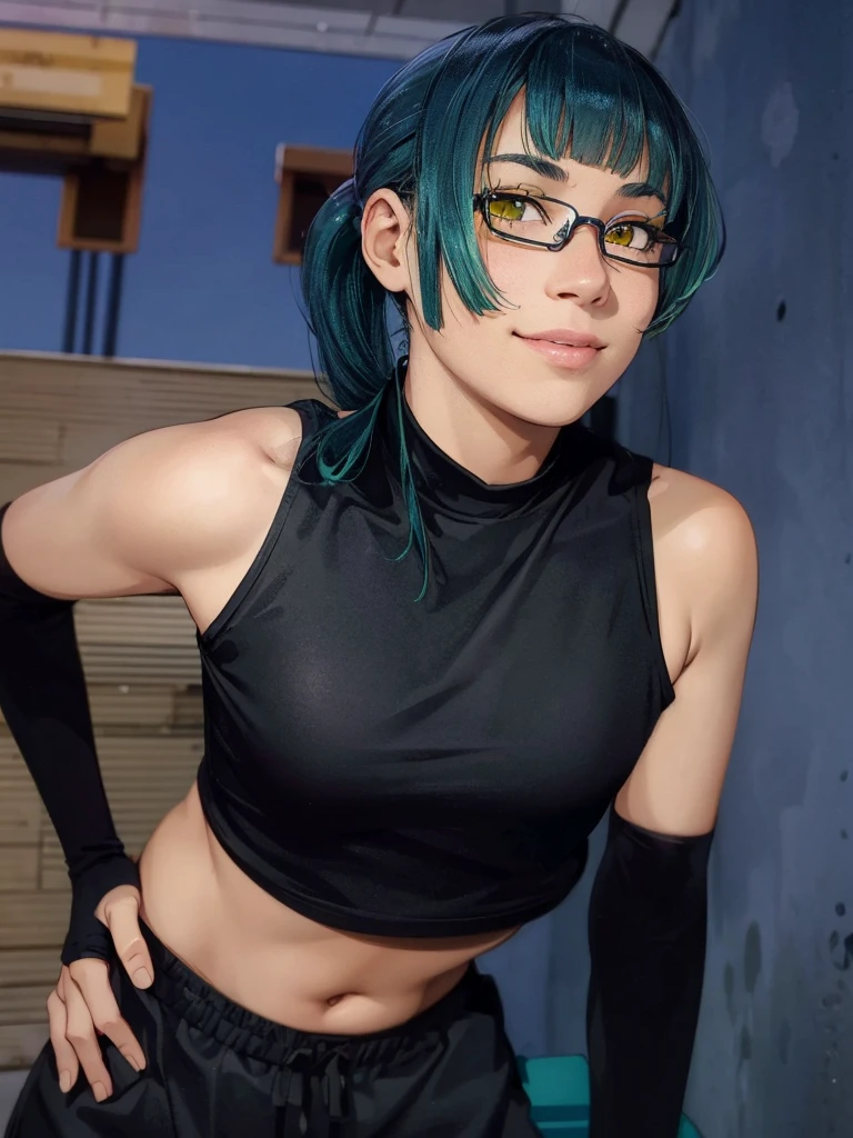 1girl, ponytail hair, green hair, yellow eyes, realistic clothes, beautiful, wear purple frame glasses, background city, realistic, ultra detail, smile