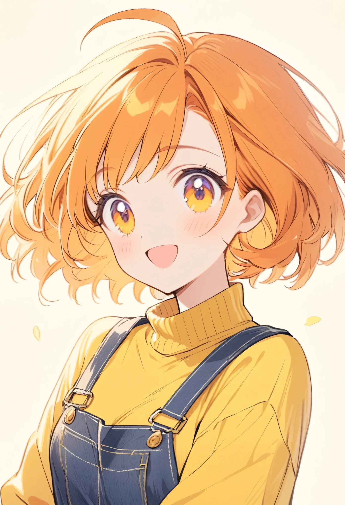 Cheerful girl、Orange Hair、short hair、Outward curled nape、Ahoge、Yellow sweatshirt、Overalls