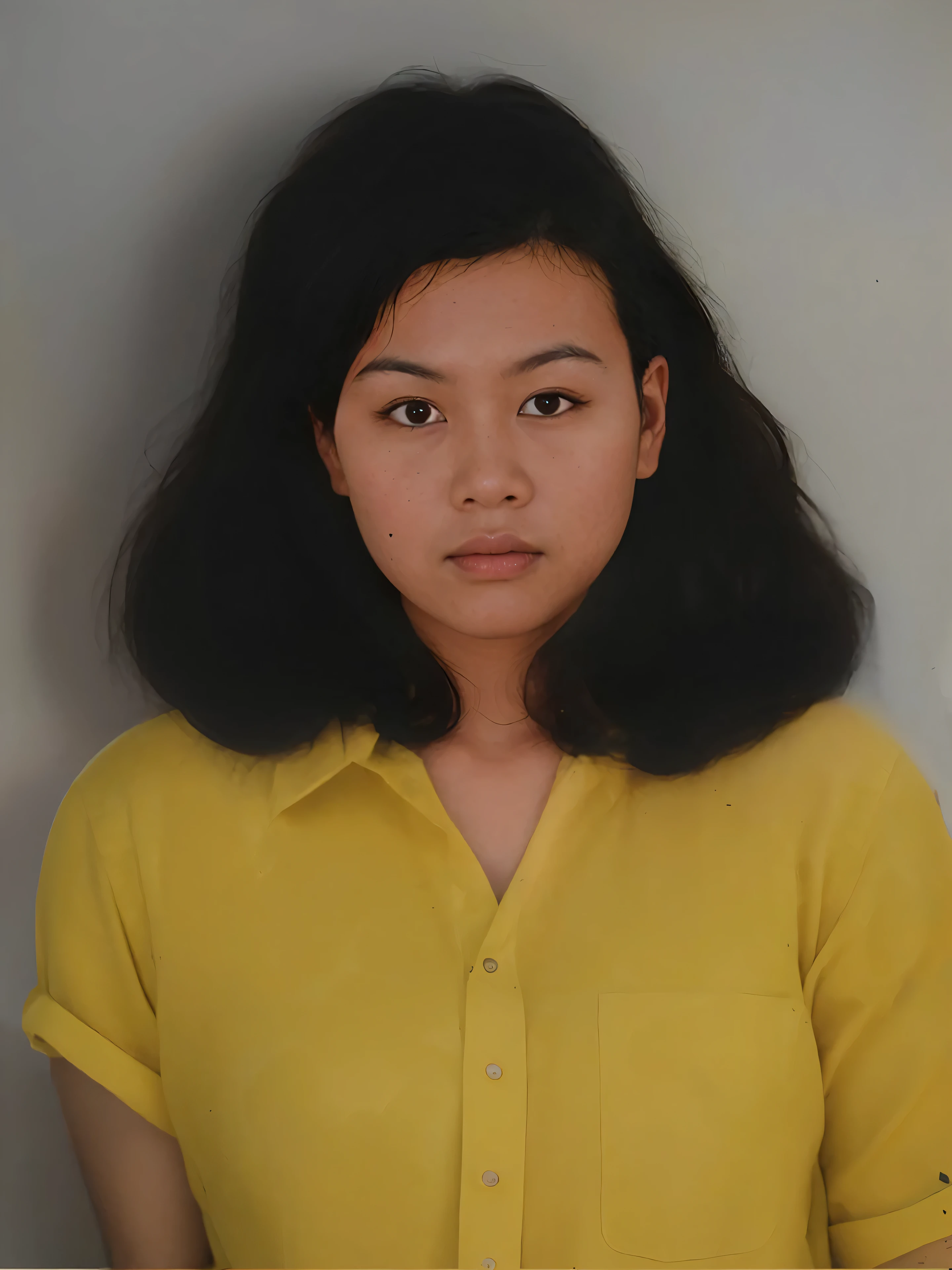 arafed woman with long black hair wearing a yellow shirt, color portrait, mai anh tran, south east asian with round face, nivanh chanthara, realistic studio portrait, a young asian woman, portrait of modern darna, headshot photograph, headshot portrait, realistic portrait photo, mingchen shen, with yellow cloths, headshot photo, closed up portrait