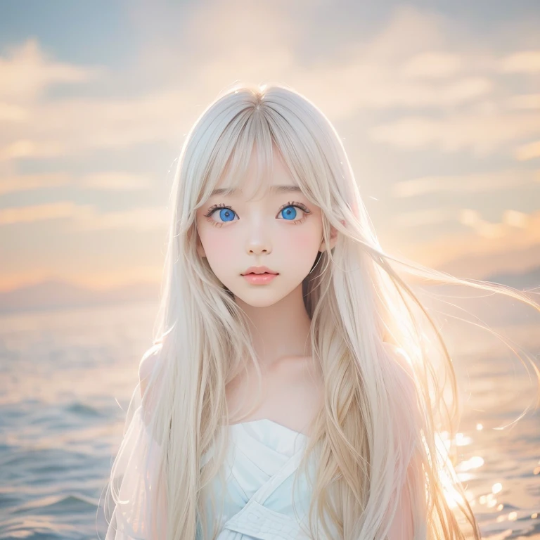 Beautiful white radiant skin, unparalleled beauty, bright, fresh and gentle expression, perfect beautiful cute face, shiny platinum blonde silk super long straight hair, beautiful shiny bangs, very beautiful and beautiful 10-year-old girl, eyeliner, very perfect and beautiful, big clear sky blue eyes, very beautiful bright eye highlights, ((1girl, solo))