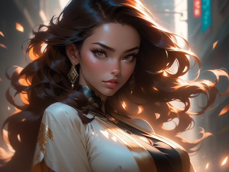 Trending on ArtStation, stanley artgerm lau cinematic wallpaper, WLOP, Ross, Tiago Jean, Andrei Riabovitchev, Marcos Simonetti, Yoshitaka Amano. Tiago Jean and Gustav Klimt background, Julie Bell Light, Porcelain Skin, Zdislaw Beksinski Style, dynamic lighting, Full Face portrait photo oFUltra detailed illustration of a graceful young African American woman with glowing brown eyes, browned skin, wave long hair, (hair brown with extra long curl), .RAW, beautiFul woman, semi-open strawberry lip, Dimples, wistFul expression, (brown hair with extra long curl), ((detailed Face)), ((detailed Facial Featureine detailed skin), environment cyberpunk megacity, (cold color), damp, humid, reFlection, (masterpieceShot with Canon EOS R5 (detail) (realistic photos) (Detailed details) 50mm lens, F/2.8, HDR, (8k) (wallpaper) (A cinematic lighting) (dramatic lighting) (sharp Focus) (Complex), .RAW photography, .RAW photography, gigachad photography, camera pose, black jeans, back arm, 8k UHD, DSLR, high quality, film grain, FujiFilm XT3 , Film Stock Photo 4 Kodak Portra 400 Camera F1.6 Lenses Rich colors Ultra-realistic textures Dramatic lighting Unreal Engine Art Station Trends Cinestill 800 Tungsten, toughboy style, Ultra Focus Face, Intimidating, Combat Position, Black and Long Curly, beads, Woman young woman with open silk shirt and big chest skirt, photorealistic, 4k, Upscale, Ricate ribbon, Full body, elegant, highly detailed, very elaborate, photorealistic art, conceptual art by art, Matte, Neoartcore, sharp Focus, illustration, skin bright, photorealistic clothes, beautiFul Face, symmetrical eyes, symmetrical, beautiFul eyes, photorealistic Face, perFect Face, symmetrical body, photorealistic eyes, safe to work, photorealistic body, photorealistic woman, photorealistic hair, photorealistic mouth, ultra high resolution, best quality , 8k, RAW Photo