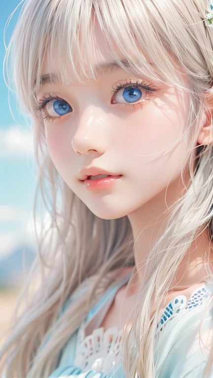 Beautiful white radiant skin, unparalleled beauty, bright, fresh and gentle expression, perfect beautiful cute face, shiny platinum blonde silk super long straight hair, beautiful shiny bangs, very beautiful and beautiful , eyeliner, very perfect and beautiful, big clear sky blue eyes, very beautiful bright eye highlights, ((1girl, solo))
