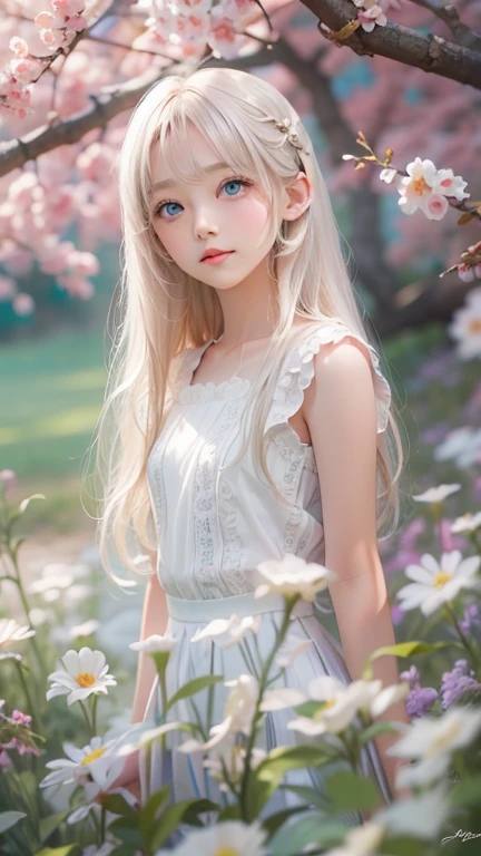 Beautiful white radiant skin, unparalleled beauty, bright, fresh and gentle expression, perfect beautiful cute face, shiny platinum blonde silk super long straight hair, beautiful shiny bangs, very beautiful and beautiful 10-year-old girl, eyeliner, very perfect and beautiful, big clear sky blue eyes, very beautiful bright eye highlights, ((1girl, solo))
