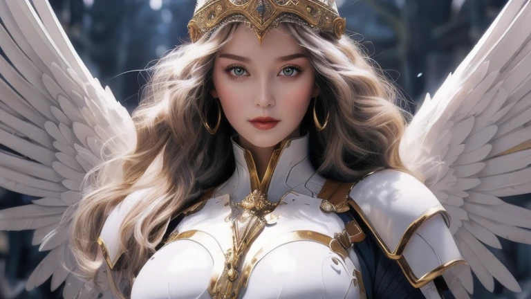 ((best quality)), ((masterpiece)), (detailed), Powerful female warriors,White Goddess, White long hair, Soft eyes,Actions， Full breasts，Full body exit，Hollow Armor，There is light in the background，