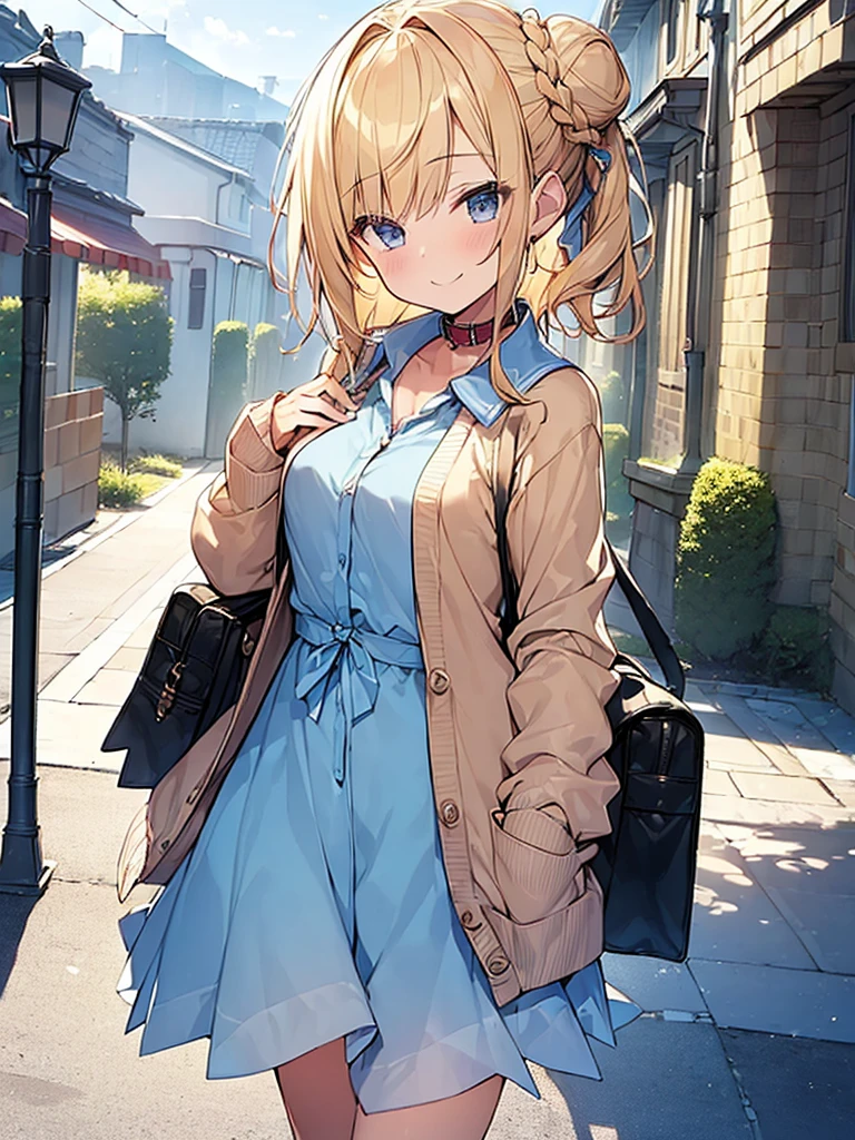 (Masterpiece, Top quality: 1.5), 1 beautiful girl, blond, walking, (Dress with collar, open front cardigan :1.3) , blond hair, medium hair, Tying a bun,(15 year old:1.2), medium breasts, standard weight, small Shoulder bag, (smile:1.2), blush :1.2, Beautiful scene of a quiet residential area, magnificent panorama view