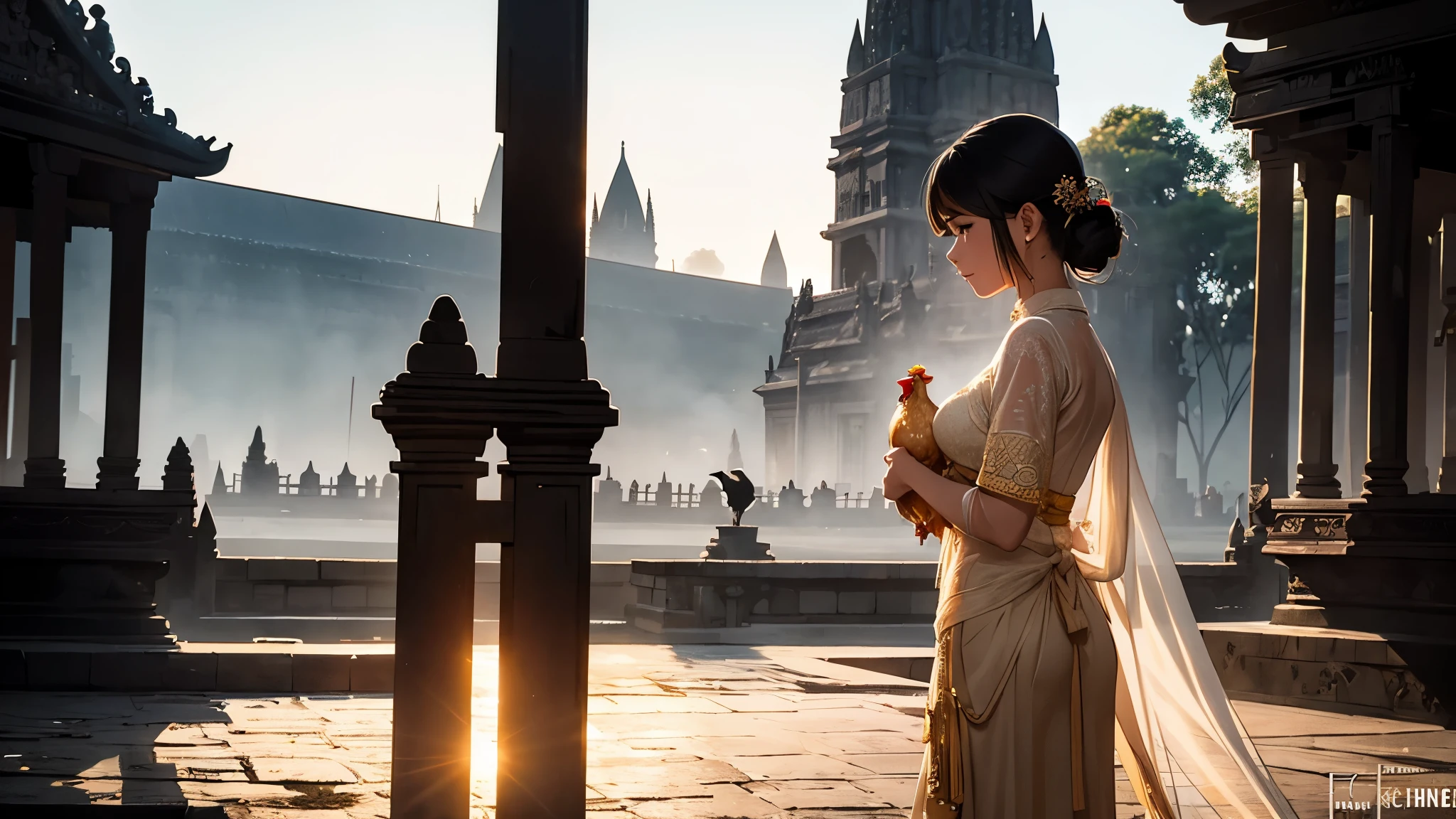a photograpy of silhouette young lady (solo) wearing javanes indonesian clothes (kebaya), holding chicken, perfect body, good posture, good lighting, good quality. background of unfinish prambanan tample sunrise, detail face,