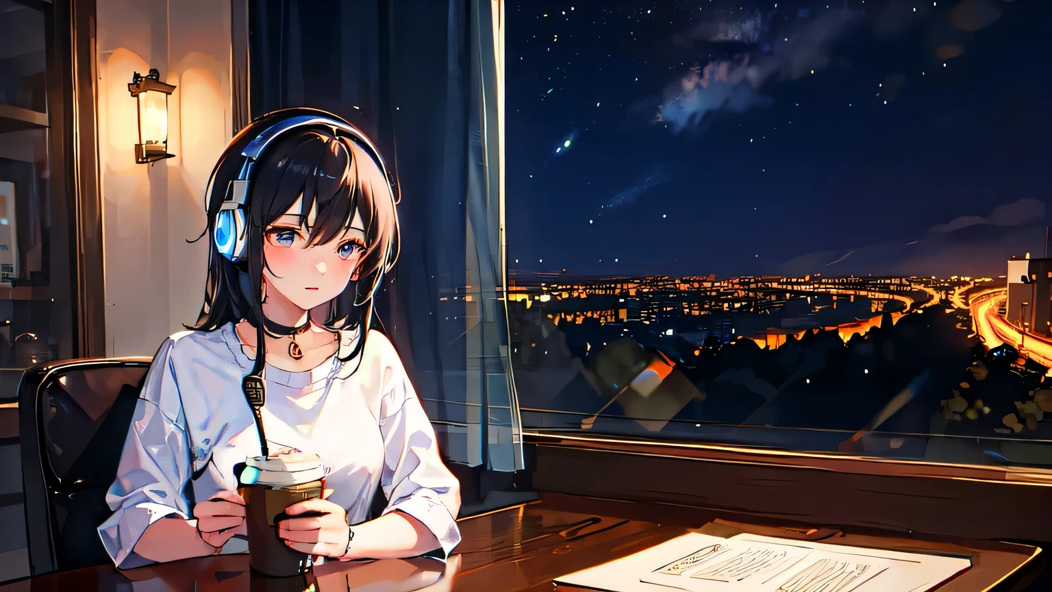 ((1 girl))、Black Hair、Quiet room at night、((Night view outside the window))、Relaxed facial expression、study、coffee、headphone、Warm lighting