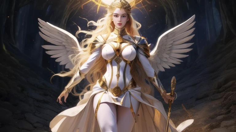 ((best quality)), ((masterpiece)), (detailed), Powerful female warriors,White Goddess, White long hair, Soft gaze,action， Full breasts，Full body exit，There is light in the background，Hollow short clothing，