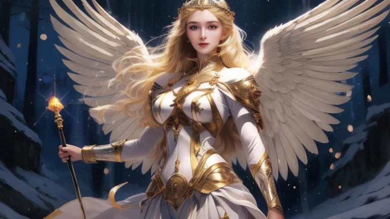 ((best quality)), ((masterpiece)), (detailed), Powerful female warriors,White Goddess, White long hair, Soft gaze,action， Full breasts，Full body exit，There is light in the background，Short clothing，