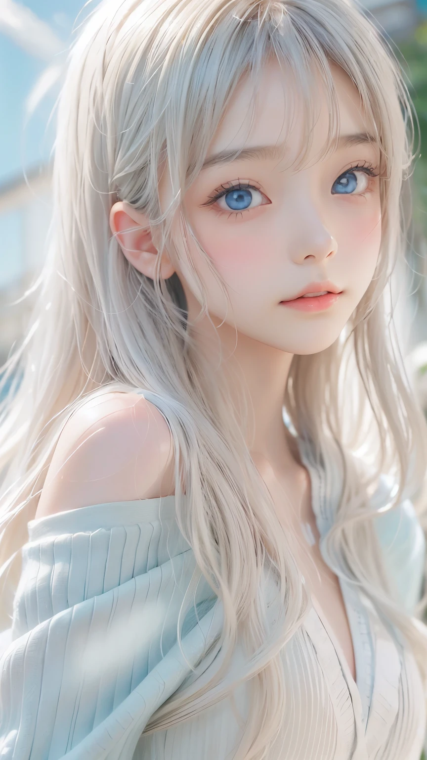 Beautiful white radiant skin, unparalleled beauty, bright, fresh and gentle expression, perfect beautiful cute face, shiny platinum blonde silk super long straight hair, beautiful shiny bangs, very beautiful and beautiful 10-year-old girl, eyeliner, very perfect and beautiful, big clear sky blue eyes, very beautiful bright eye highlights, ((1girl, solo))