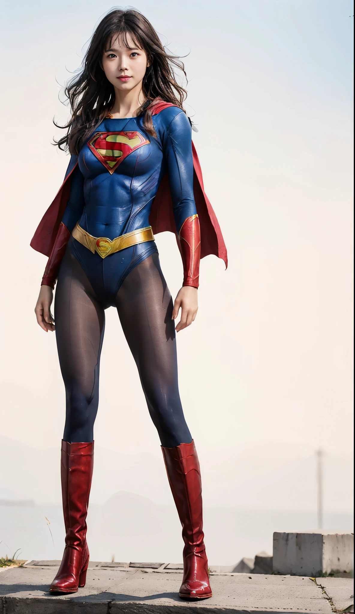 No background、(((Beautiful legs in black tights.)))、(((Legally express the beauty of your smile)))、((((Make the most of your original images)))、(((Supergirl Costume)))、(((Beautiful Hair)))、(((suffering)))、(((Please wear black tights....、Wear red boots)))、((Best image quality、8k))、((highest quality、8k、masterpiece:1.3))、(((Preserve background )))、Sharp focus:1.2、Beautiful woman with perfect figure:1.4、Slim Abs:1.2、Wet body:1.5、Highly detailed face and skin texture、8k