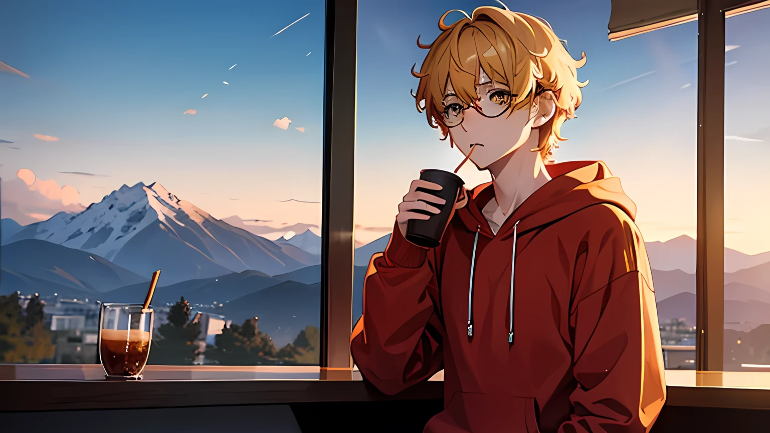 Anime Blonde short curly haired age Boy, with Yellow eyes, Glasses, Freckles on the face, wearing a Red hoodie, drinking a cup of coffee, Mountains Sunrise Background