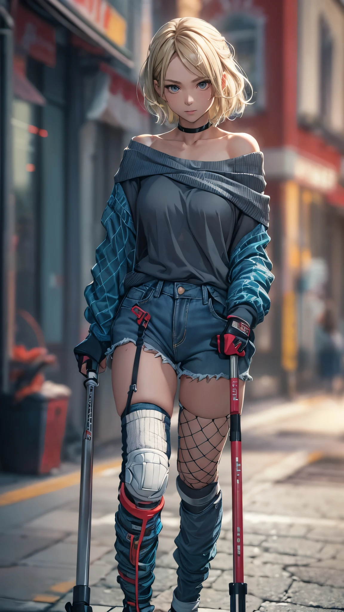 (Super detailed, realistic), streets scene, [Moderately:Oil], [Professional:1.1], [Physically based rendering], [bright colors], [sharp focus], [studio lighting], [extreme details], [highest quality,4k,8K,High resolution,masterpiece:1.2],(detailed face),outside the streets,((One 18-year-old woman)),(short blonde hair mixed  blue color),(dark), [nervous eyes],(casual ladies fashion,off shoulder,denim shorts,fishnet pantyhose,socks,snikers),(gloves,knee pads),((she walks on crutches,the crutches’s length are from armpit,the crutches are putting on her side))
