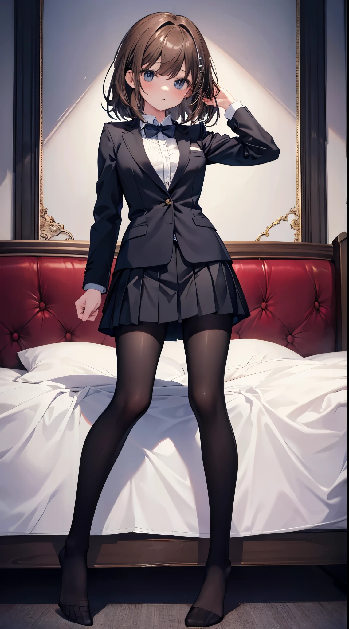 Top quality, masterpiece, High resolution, (Head to toe full body), Blazer uniform, Checkered pleated skirt. Composition from slightly below the front, Symmetric, 18-year-old, Slim and beautiful girl, alone, (Small breasts), (No shoes),Unkempt brown hair, bangs, (black tights), (Black Pantyhose), (Spread-legged pose on bed), Both arms are tied behind one&#39;s back, (Composition showing white panties), (Her legs were spread、I see your white pants.), blush, Shy big eyes, looking at the camera, Blazer uniform, Checkered pleated skirt