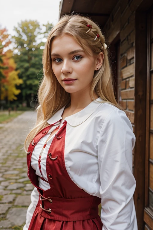 Beautiful woman, 20 years, Latvia 🇱🇻, blonde , dressed in traditional clothing  white with carmine red details