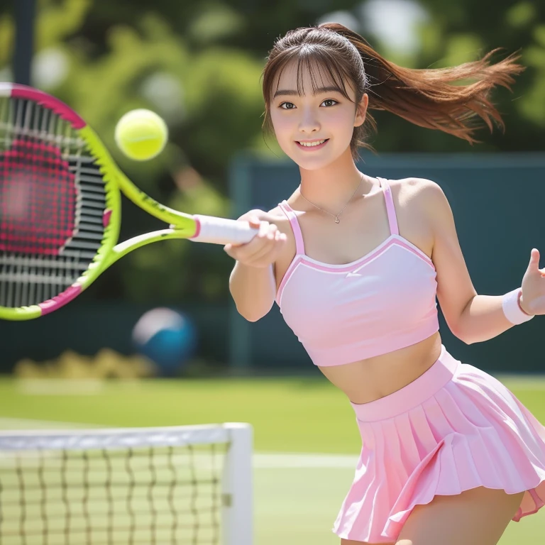 Photo-realistic quality、She is wearing a white top and pink skirt and swinging a racket.２０Age idol, a girl Playing tennis女子大生, Tennis Wear, Playing tennis, Detailed and beautiful eyes、Cute Smile、looking at the camera、Yellow tennis ball、The moment of hitting the ball