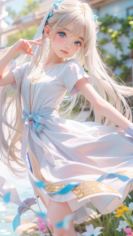 Beautiful white radiant skin, unparalleled beauty, bright, fresh and gentle expression, perfect beautiful cute face, shiny platinum blonde silk super long straight hair, beautiful shiny bangs, very beautiful and beautiful 10-year-old girl, eyeliner, very perfect and beautiful, big clear sky blue eyes, very beautiful bright eye highlights, ((1girl, solo)), hands up , armpit , (from side)