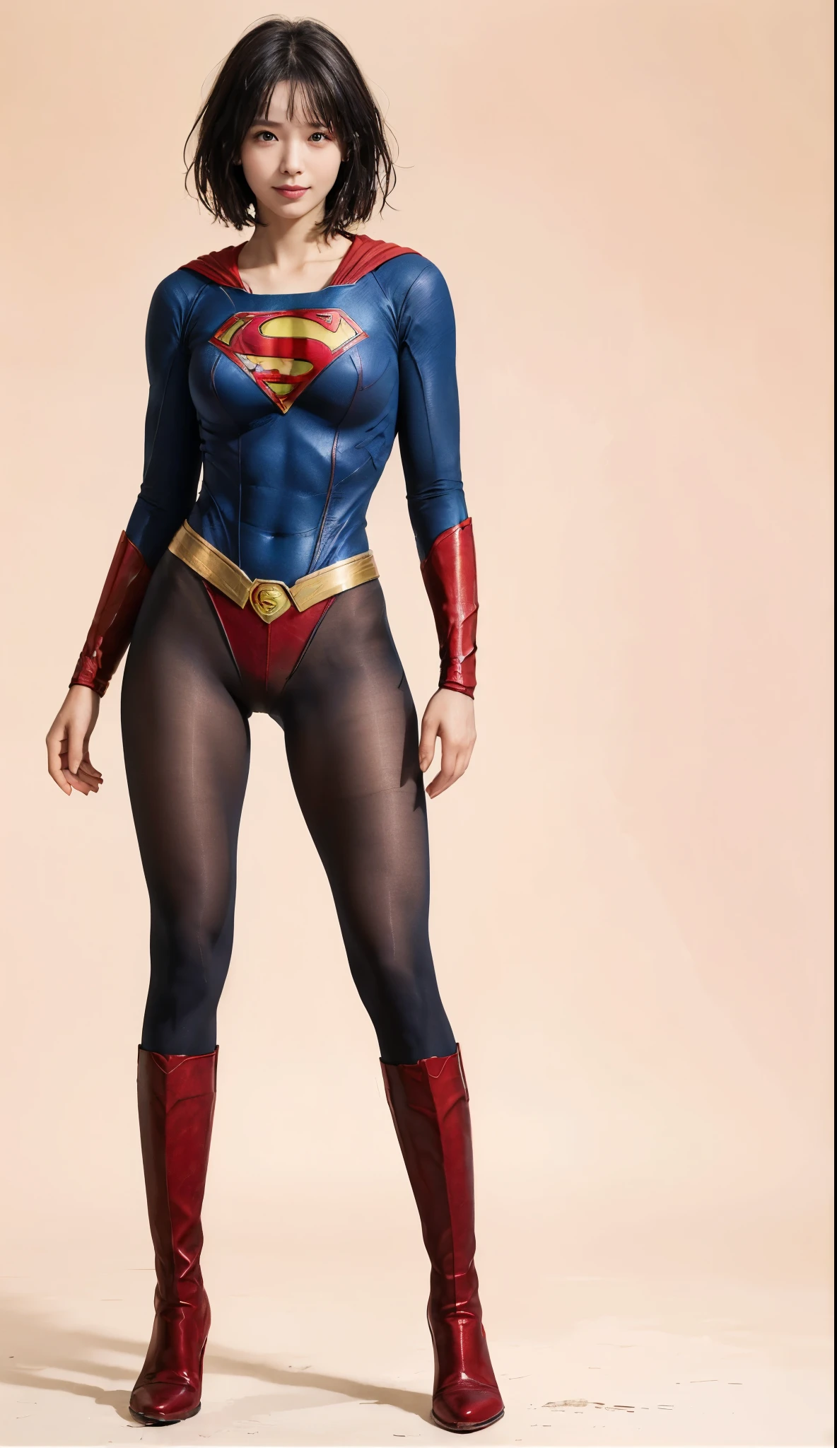 No background、(((Beautiful legs in black tights.)))、(((Legally express the beauty of your smile)))、((((Make the most of your original images)))、(((Supergirl Costume)))、(((Beautiful short bob hair)))、(((suffering)))、(((Please wear black tights....、Wear red boots)))、((Best image quality、8k))、((highest quality、8k、masterpiece:1.3))、(((Preserve background )))、Sharp focus:1.2、Beautiful woman with perfect figure:1.4、Slim Abs:1.2、Wet body:1.5、Highly detailed face and skin texture、8k