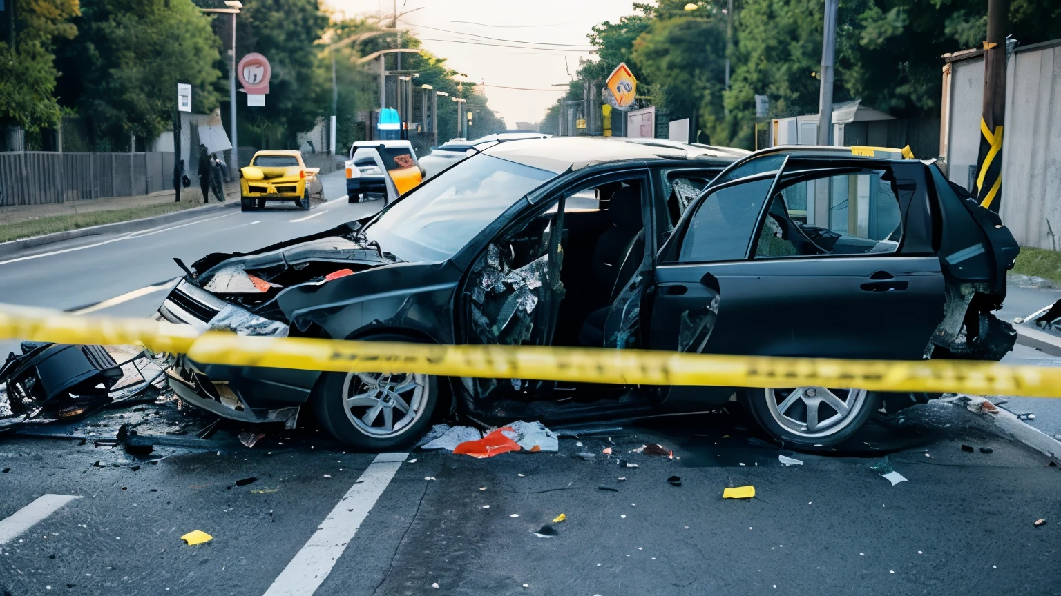 Realistic scene of a traffic accident、Vehicle wreckage and yellow police tape、Black background、