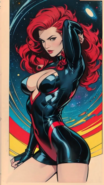 masterpiece,very sharp image,(((The Perfect One Woman))),(((one person))),retro space futurism, beautiful detailed face,blackwidow, marvel comics, hi-tech armor over black latex catsuit, mid shot destance, long red curly hair,in deep space, with several planets and suns in the background, Excellent sense,medium breasts,cleavage,American Comics,colorful,highly detailed body,