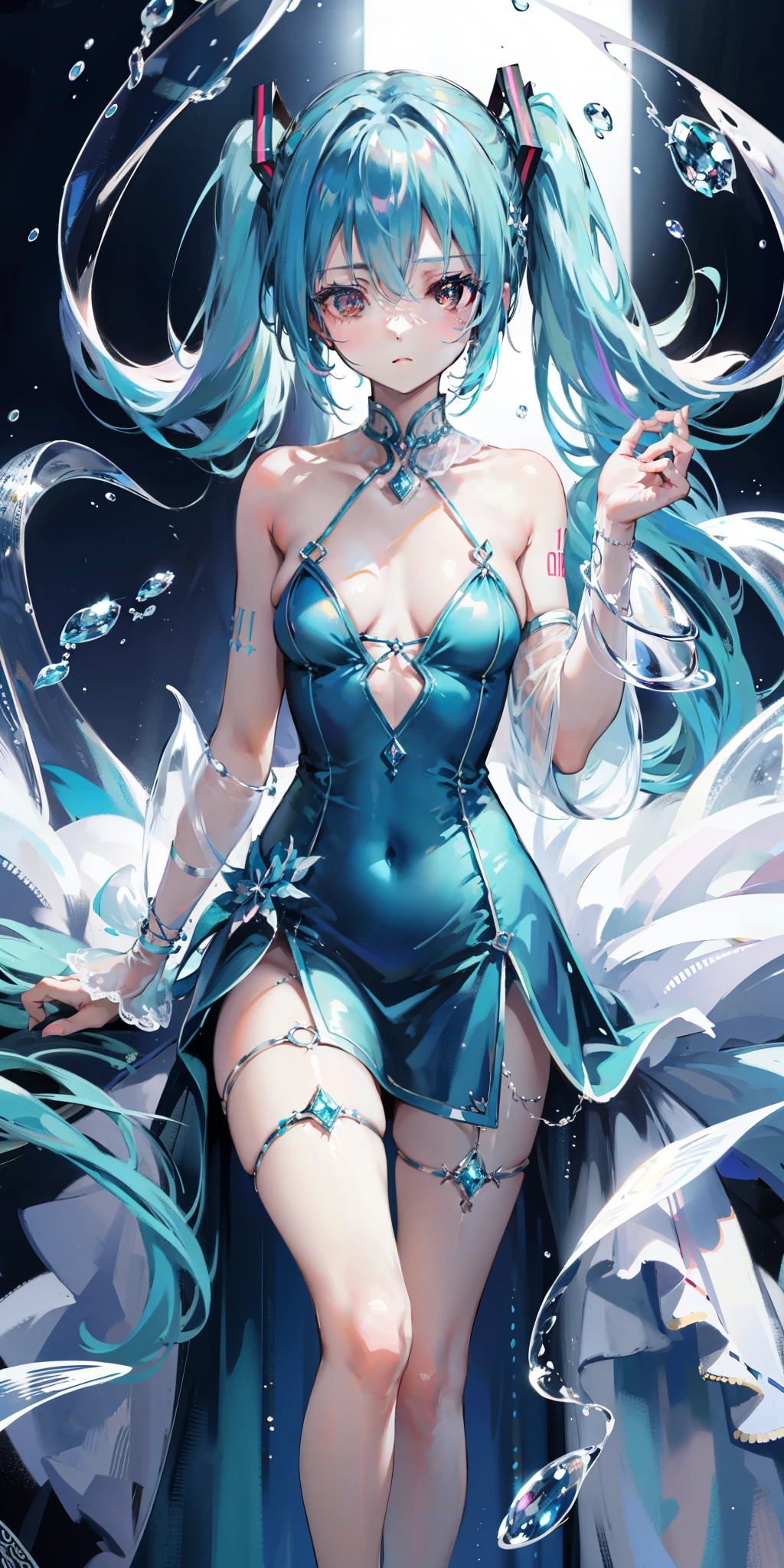 blue theme, Hatsune Miku portrait,masterpiece, magic , (Impossible Dress:1.5), mini skirt, Gradient background, Silver-blue hair, , Bangs,Side Chain, pink eyes, (ulzang-6500-v1.1:0.9), 中等Chest, Chest, Thigh gap, Hair accessories, arching back, Black_witch_have,complicated_decorate,mystery_fountain,luminescent_crystal