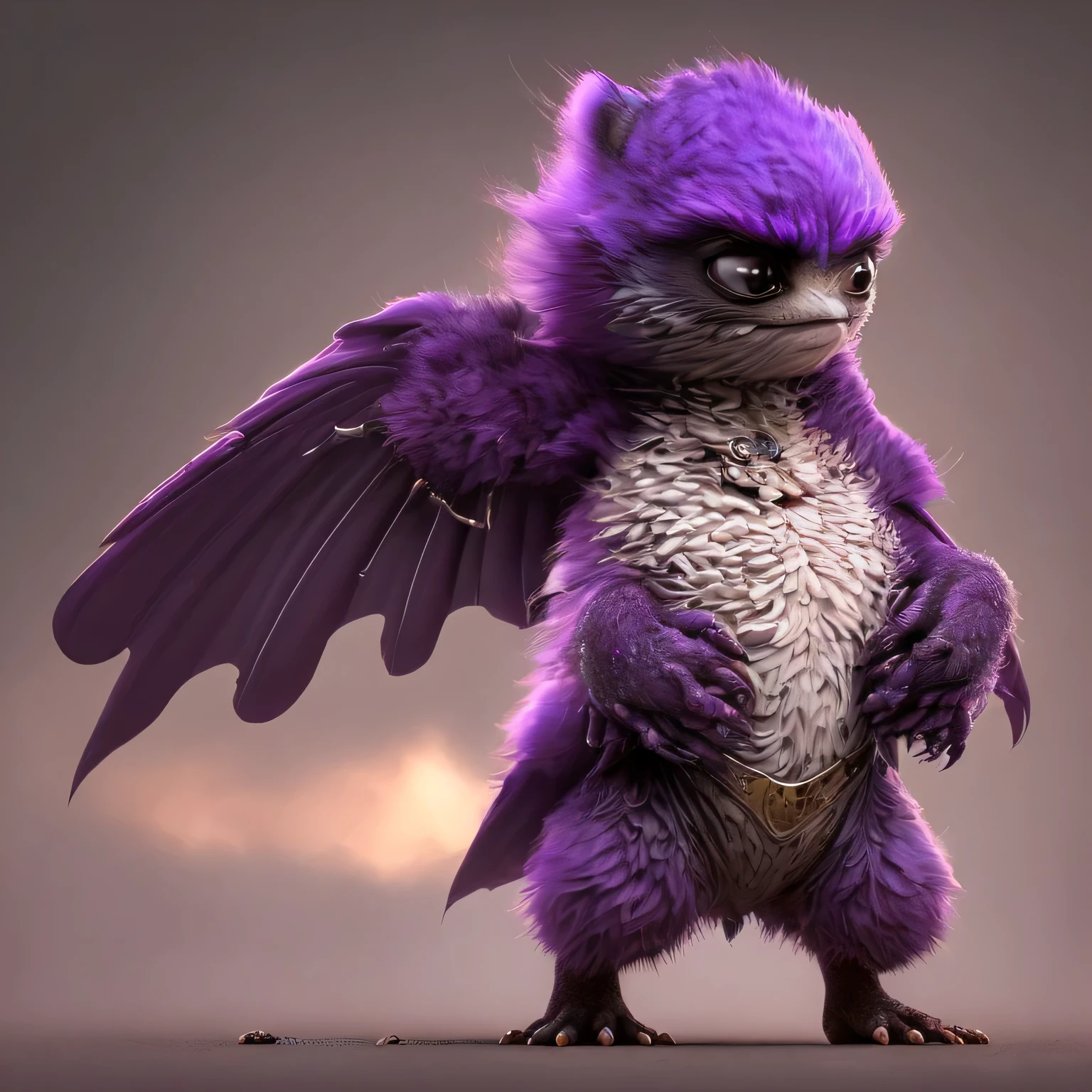 (hyper extrem detailed),(Meisterwerk),(hyper extrem),(fotorealistisch),CG,(Farbe:1.2), beautiful lighting,Alone, Bat-Creature, Character, Fantasy, 2 purple wings, purple fur, white belly fur, 2 Hands, 2 Legs, 1 Tail, Frontview, standing idle, Faceing camera